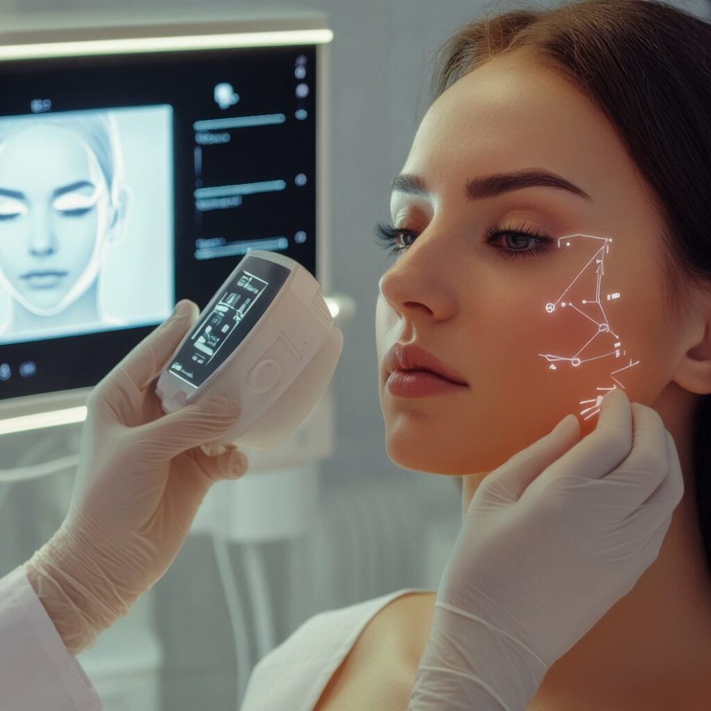 Professionelle Kosmetikerin, futuristisches Gerät zur Hautanalyse, holografisches Display, Hautuntersuchung bei Kunden, Hightech-Schönheitsklinik, KI-Diagnostik, personalisierte Hautpflege, luxuriöse technologische Innovation.